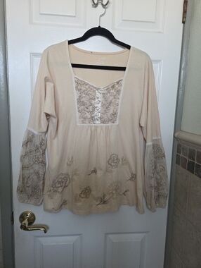 Cream & Tan Embroidered Blouse Bell Sleeves Peasant Fairy Romantic Cottage XL